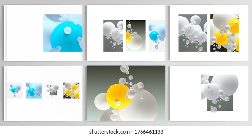 Vector layouts of presentation design templates for brochure, cover design, flyer, book design, magazine, poster. Abstract composition with 3d balls or spheres.