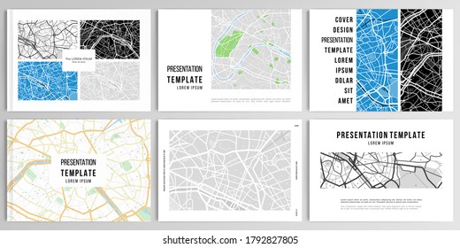 Vector layouts of presentation design templates with urban city map of Paris for brochure, cover design, flyer, book design, magazine, poster.