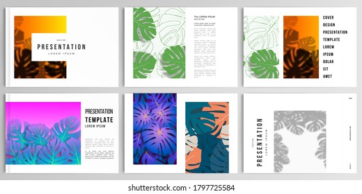 Vector layouts of presentation design templates for brochure, cover design, flyer, book design, magazine, poster. Tropical palm leaves, shadow of tropical jungle leaves. Floral pattern backgrounds.