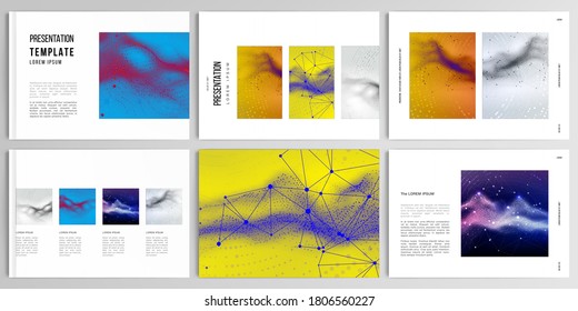 Vector layouts of presentation design templates for brochure, cover design, flyer, book design, magazine. Colorful wavy particle surface background for technology or science cyber space concept.
