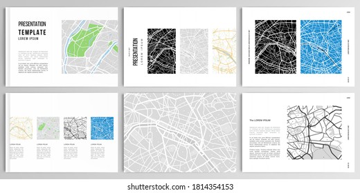 Vector layouts of presentation design templates with urban city map of Paris for brochure, cover design, flyer, book design, magazine, poster.