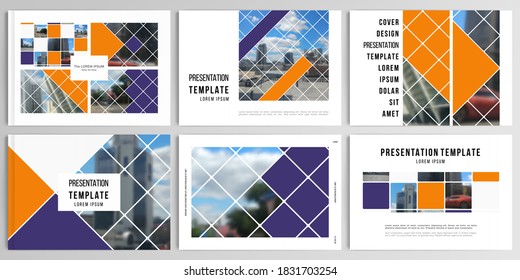 Vector layouts of presentation design templates for brochure, cover design, flyer, book design, magazine, poster. Abstract design project in geometric style with squares and place for photo.