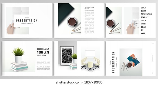 Vector layouts of presentation design templates for brochure, cover design, flyer, book design, magazine, poster. Home office concept, study or freelance, working from home.