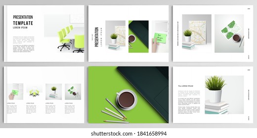 Vector layouts of presentation design templates for brochure, cover design, flyer, book design, magazine, poster. Home office concept, study or freelance, working from home.