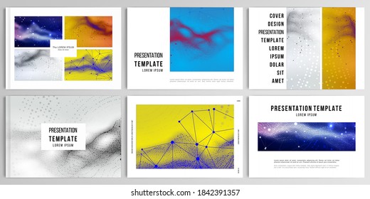 Vector layouts of presentation design templates for brochure, cover design, flyer, book design, magazine. Colorful wavy particle surface background for technology or science cyber space concept.