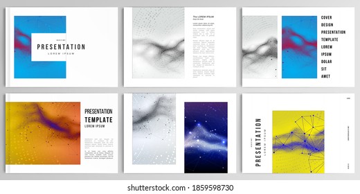 Vector layouts of presentation design templates for brochure, cover design, flyer, book design, magazine. Colorful wavy particle surface background for technology or science cyber space concept.