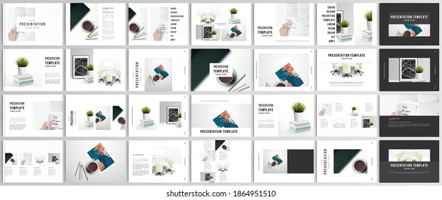 Vector layouts of presentation design templates for brochure, cover design, flyer, book design, magazine, poster. Home office concept, study or freelance, working from home.