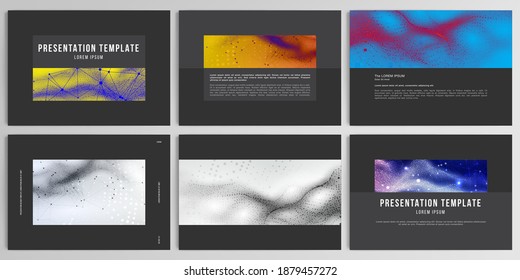 Vector layouts of presentation design templates for brochure, cover design, flyer, book design, magazine. Colorful wavy particle surface background for technology or science cyber space concept.