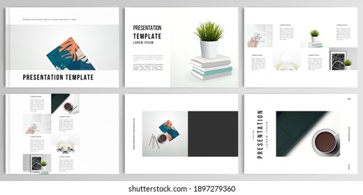 Vector layouts of presentation design templates for brochure, cover design, flyer, book design, magazine, poster. Home office concept, study or freelance, working from home.