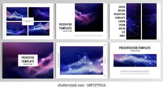 Vector layouts of presentation templates for brochure, cover design, flyer, book design, magazine, poster. Digital data visualization, polygonal science dark background.
