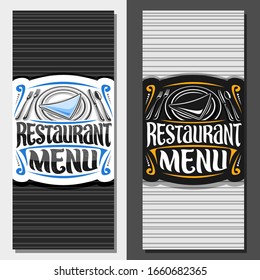 Vector layouts for Restaurant Menu, decorative brochure with illustration of dish with napkin and silverware set top view, creative brush typeface for words restaurant menu on grey striped background.