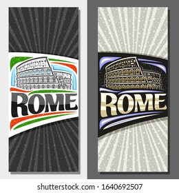 Vector layouts for Rome with copy space, decorative leaflets with illustration of black and white and illuminated old rome colosseum on sky background, tourist card with brush letters for word rome.