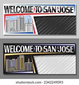 Vector layouts for San Jose with copy space, decorative template with line illustration of californian city scape on day and dusk sky background, art design tourist card with text welcome to san jose