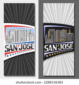 Vector layouts for San Jose, vertical voucher with line art illustration of famous urban californian city scape on day and dusk sky background, tourist card with text san jose and decorative stars