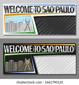 Vector layouts for Sao Paulo with copy space, voucher with line illustration of modern sao paulo city scape on day and dusk sky background, art design tourist coupon with words welcome to sao paulo.