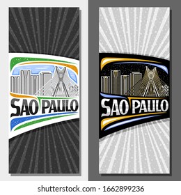 Vector layouts for Sao Paulo, invitation with line illustration of contemporary sao paulo city scape on day and dusk sky background, art design tourist card with creative letters for words sao paulo.