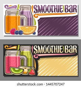 Vector layouts for Smoothie Bar with copy space, coupons with juicy fruit ingredients, mason jar with sweet tropical blended dessert with straw, sign board with decorative font for words smoothie bar.