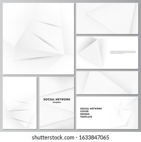 Vector layouts of social network mockups for cover design, website design, website backgrounds or advertising mockups. Halftone dotted background with gray dots, abstract gradient background.