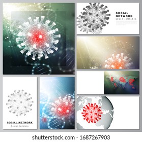 Vector layouts of social network mockups for cover design, website design, website backgrounds or advertising. 3d medical background of corona virus. Covid 19, coronavirus infection. Virus concept.