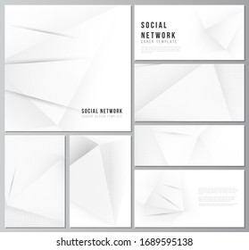 Vector layouts of social network mockups for cover design, website design, website backgrounds or advertising mockups. Halftone dotted background with gray dots, abstract gradient background.
