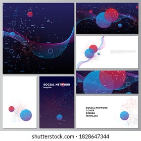 Diseños vectores de maquetas de redes sociales para portadas, diseño de sitios web, fondos de sitios web o maquetas publicitarias. Inteligencia artificial, visualización de grandes datos. Concepto cuántico de tecnología informática.