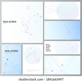 Vector layouts of social network mockups in popular formats for cover design, website design, website backgrounds or advertising mockups. Blue medical background with connecting lines and dots, plexus