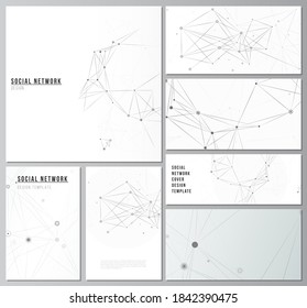 Vector layouts of social network mockups for cover design, website design, website backgrounds or advertising mockups. Gray technology background with connecting lines and dots. Network concept.