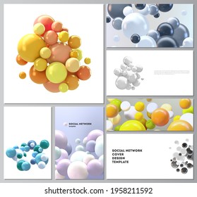 Vector layouts of social network mockups for cover design, website design, website backgrounds or advertising mockups. Realistic vector background with multicolored 3d spheres, bubbles, balls.