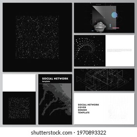 Vector layouts of social network mockups for cover design, website design, website backgrounds or advertising. Abstract technology black color science background. Digital data. High tech concept.