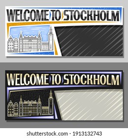Vector layouts for Stockholm with copy space, decorative voucher with line illustration of stockholm city scape on day and dusk sky background, art design tourist coupon with word welcome to stockholm