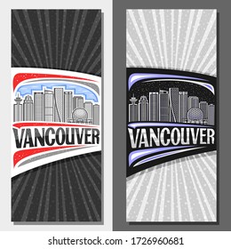 Vector layouts for Vancouver, decorative leaflet with line illustration of contemporary vancouver city scape on day and dusk sky background, design tourist card with unique letters for word vancouver.