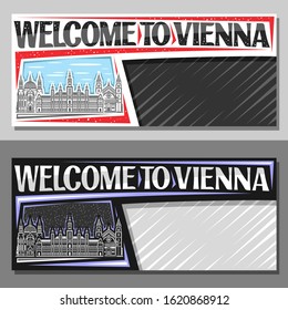 Vector layouts for Vienna with copy space, decorative coupon with draw illustration of famous Vienna City Hall and Kirche Maria vom Siege on sky background, title with writing phrase welcome to vienna