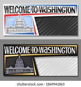 Vector layouts for Washington with copy space, decorative voucher with line illustration of Capitol Building on day and dusk sky background, art design tourist coupon with words welcome to washington.