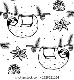 Vector lazy Sloth hanging on Christmas Tree with cones seamless pattern. Black and white illustration. Line Art. Winter image. Textile print.  Greeting cards. Cute cartoon animal. New Year Bells