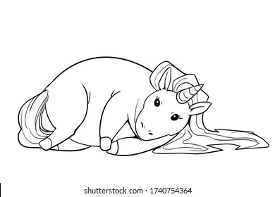 Vector lazy unicorn isolated on white.  Drawing of chubby pony unicorn lying down on the side