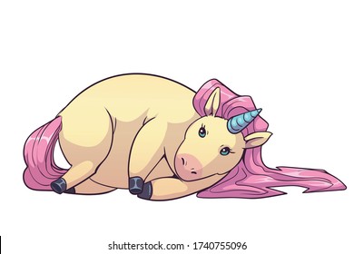 Vector lazy unicorn isolated on white.  A chubby pony unicorn lying down on the side