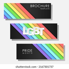 Vector LBGT pride month paper cut brochure or flyer templates collection. Rainbow flag with white lettering on black background.