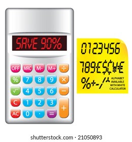 Vector LCD Numbers, Currencies and Symbols Set with Colorful Silver Calculator & Yellow Note Paper