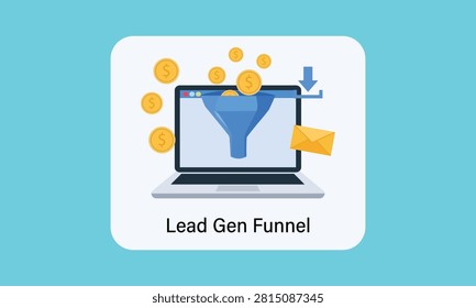 Vector Lead Gen Funnel Concept Illustration Featuring Laptop Screen with Sales Funnel Dollar Coins and Mail Envelope Icons