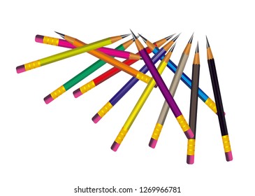 Vector of lead sharp color pencil on white background with realistic 3D wooden color pencils on white background.Vector illustration art of pencil