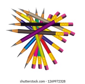 Vector of lead sharp color pencil on white background with realistic 3D wooden color pencils on white background.