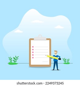 Vector leader man hold pencil point at document board about checklist growth business concept illustration