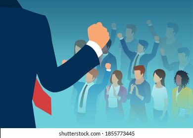 Vector of a leader public speaker giving a speech to a large crowd