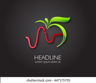 Vector leaf, apple and heartbeat medical monochromatic one Abstract emblem, design concept, logo, logotype element for template. 