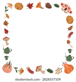Vector leaf autumn sqare frame in red, green, yellow and brown colors on white background