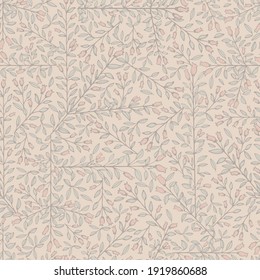 Vector leaf and branch motif seamless repeat print pattern beige background