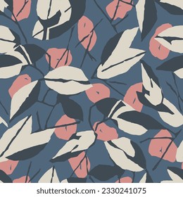 Vector leaf and branches with polka dots illustration seamless repeat pattern