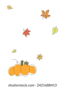 Vector leaf fall, a pumpkin lies on the ground. Idea of autumn, harvest. Elements for holiday decoration, Halloween. Warm autumn. Illustration on an isolated background. EPS10