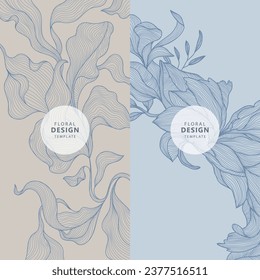 Vector leaf, floral patterns, nature package backgrounds. Line minimalist leaves frames, beauty banners. Use for social media post, card, cover, wedding invitation, mobile apps. Pastel colors