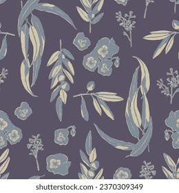 Ilustración botánica de flores y hojas vectoriales repetidas sin fisuras de arte digital